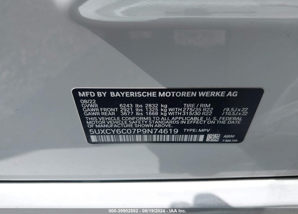 2023 BMW X6 XDRIVE40I VIN: 5UXCY6C07P9N74619