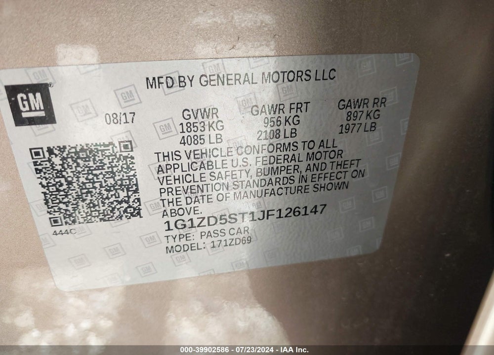2018 CHEVROLET MALIBU VIN: 1G1ZD5ST1JF126147