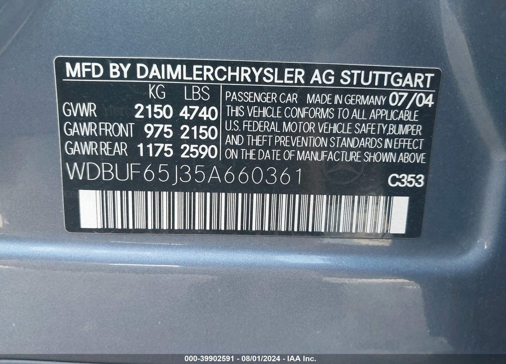 2005 MERCEDES-BENZ E-CLASS 3.2L VIN: WDBUF65J35A660361
