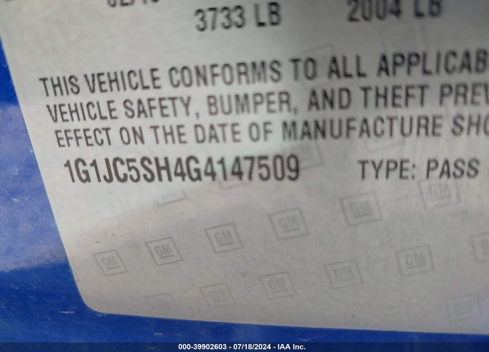2016 CHEVROLET SONIC VIN: 1G1JC5SH4G4147509
