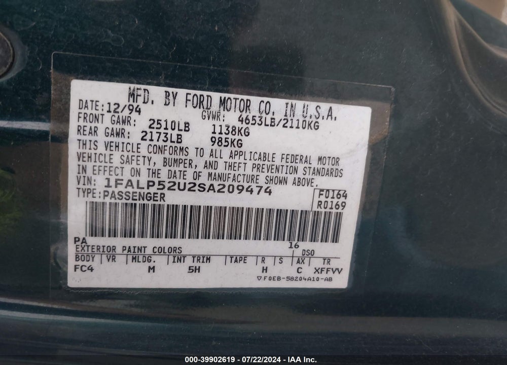 1995 FORD TAURUS GL/SE VIN: 1FALP52U2SA209474