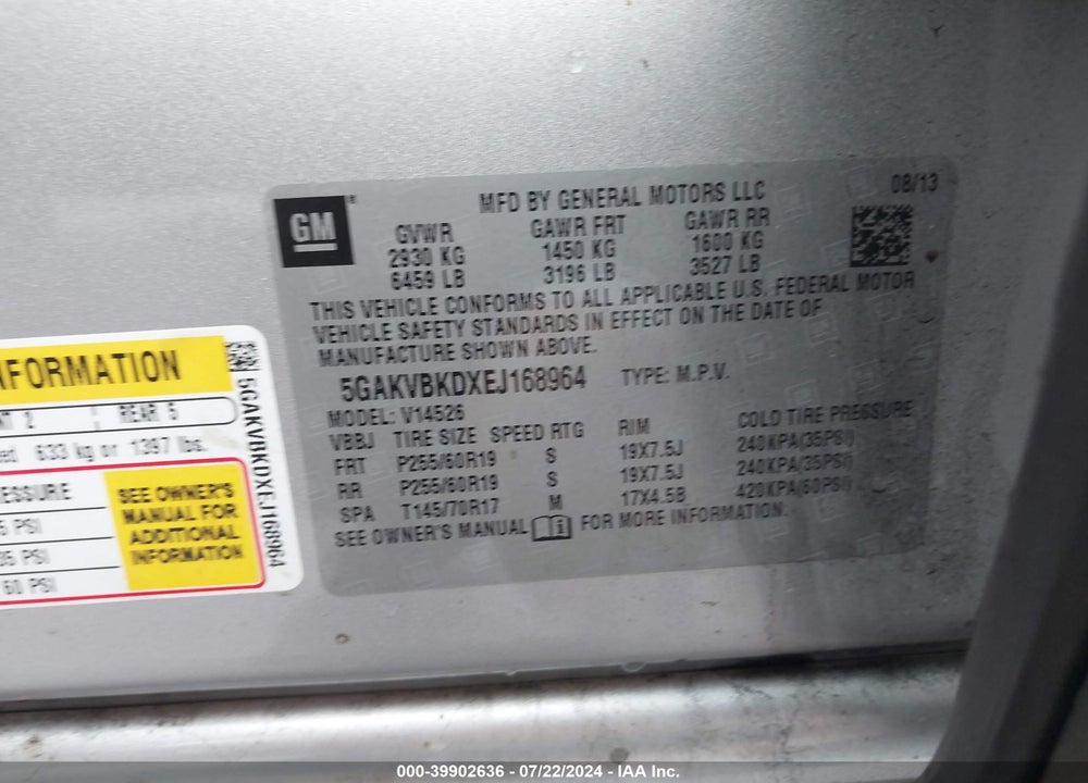 2014 BUICK ENCLAVE LEATHER VIN: 5GAKVBKDXEJ168964