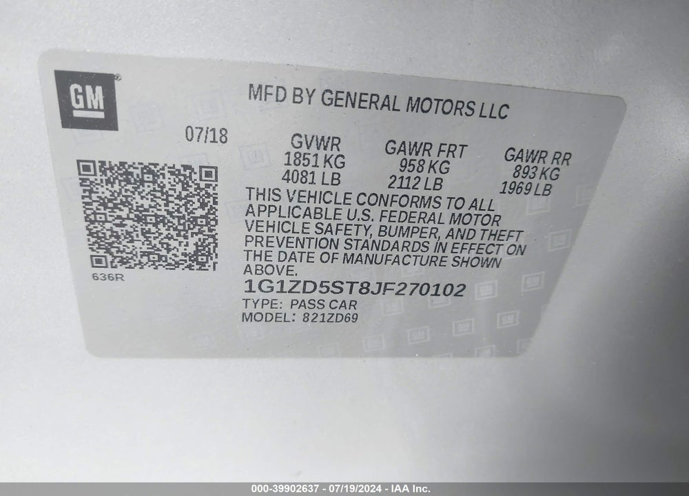 2018 CHEVROLET MALIBU LT VIN: 1G1ZD5ST8JF270102