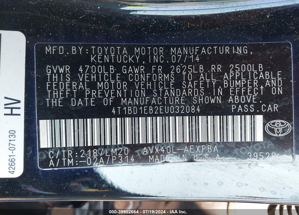 2014 TOYOTA AVALON HYBRID LIMITED VIN: 4T1BD1EB2EU032084