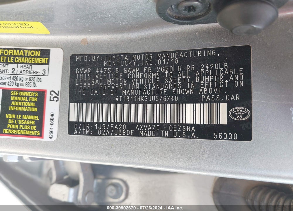 2018 TOYOTA CAMRY SE VIN: 4T1B11HK3JU576740