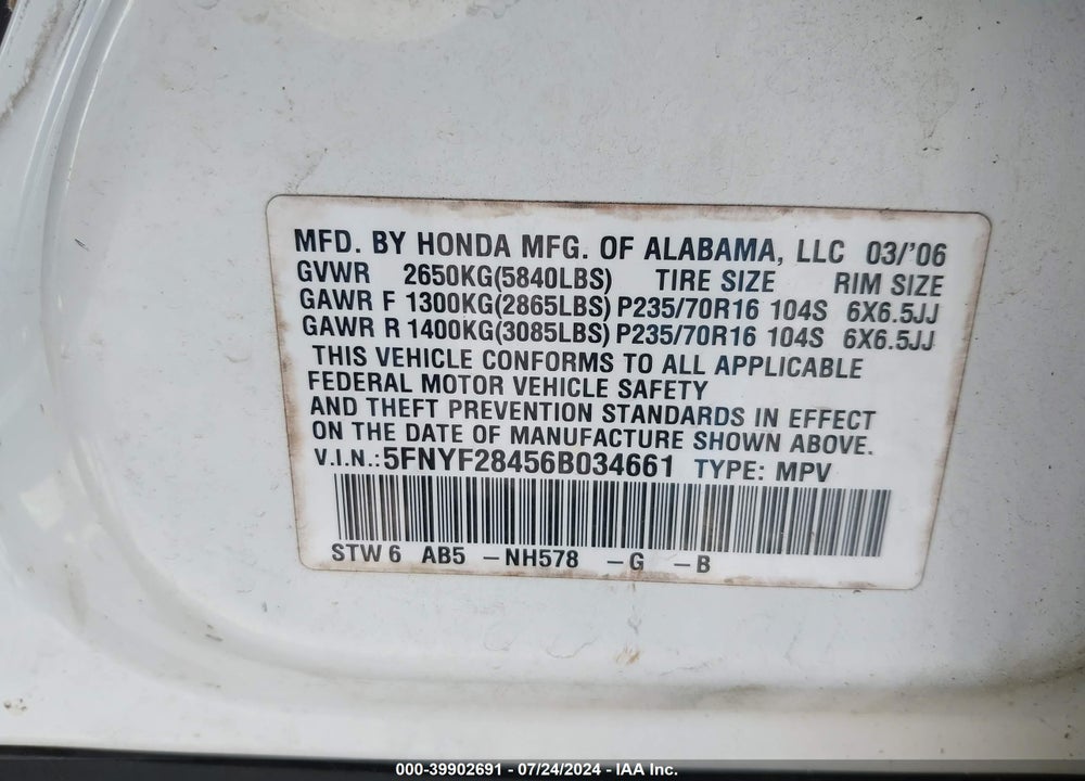 2006 HONDA PILOT EX VIN: 5FNYF28456B034661