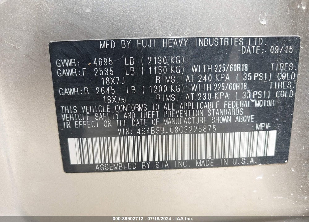 2016 SUBARU OUTBACK 2.5I LIMITED VIN: 4S4BSBJC8G3225875
