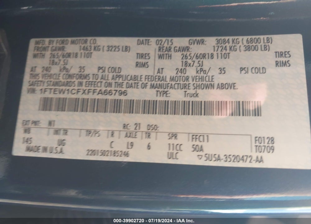 2015 FORD F-150 XLT VIN: 1FTEW1CFXFFA66796