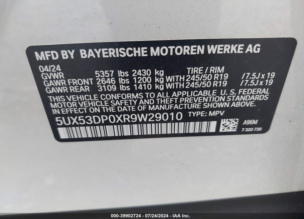 2024 BMW X3 XDRIVE30I VIN: 5UX53DP0XR9W29010