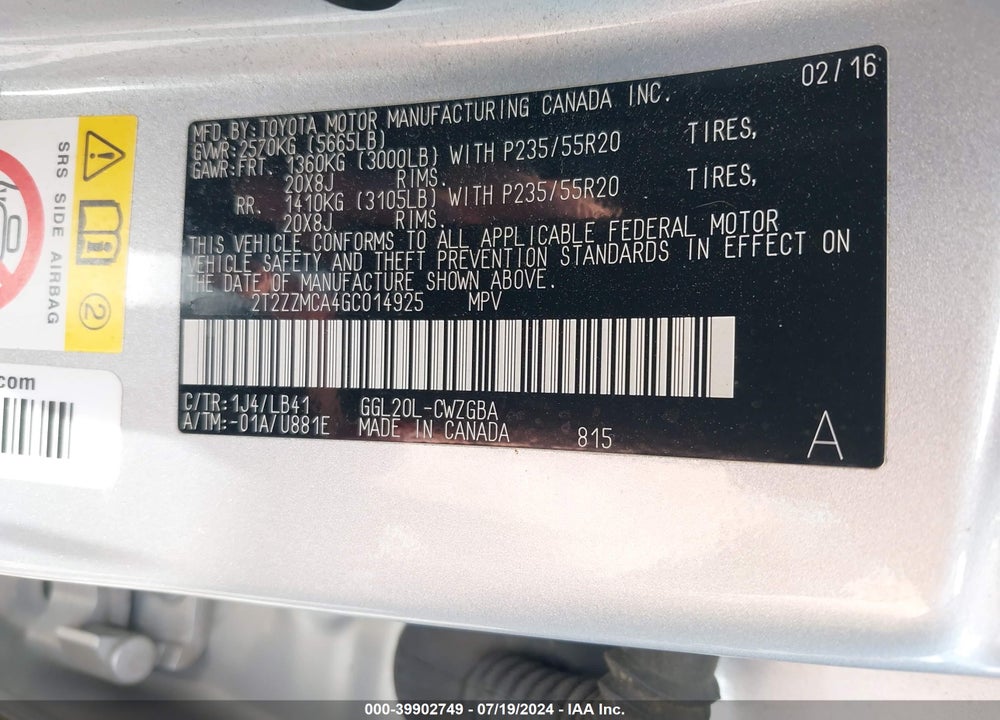2016 LEXUS RX 350 VIN: 2T2ZZMCA4GC014925