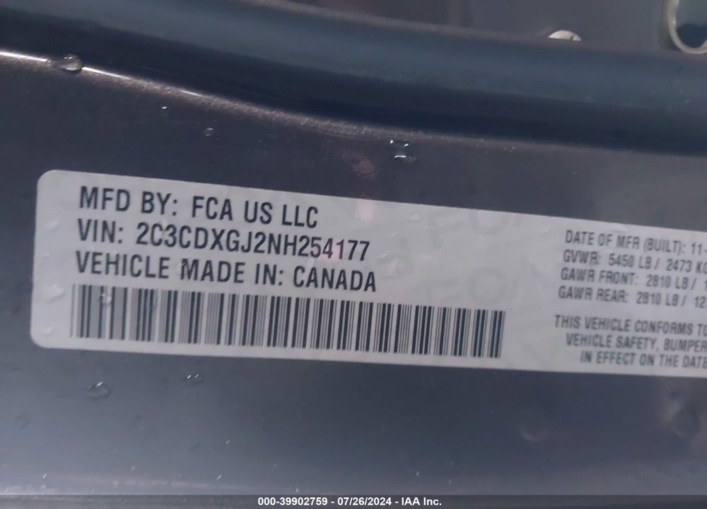 2022 DODGE CHARGER SCAT PACK WIDEBODY VIN: 2C3CDXGJ2NH254177