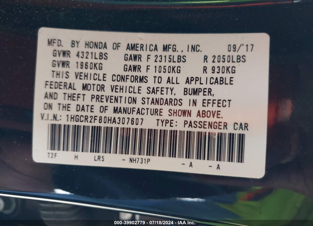 2017 HONDA ACCORD EX-L VIN: 1HGCR2F80HA307607