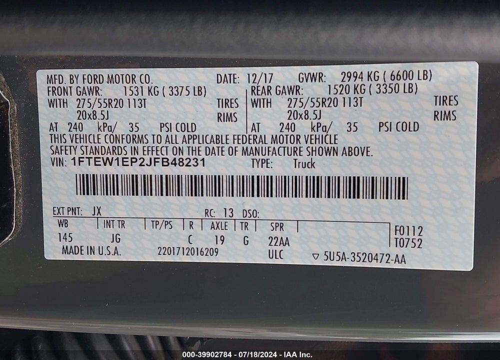 2018 FORD F-150 XL VIN: 1FTEW1EP2JFB48231
