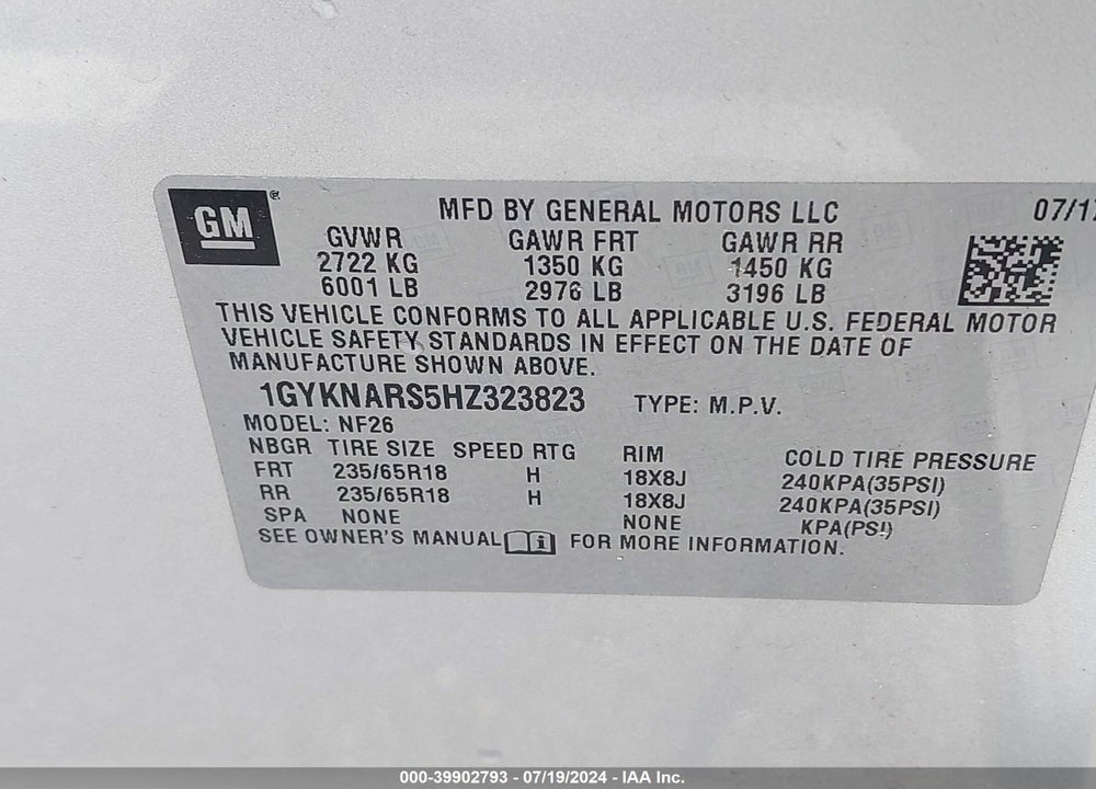 2017 CADILLAC XT5 STANDARD VIN: 1GYKNARS5HZ323823