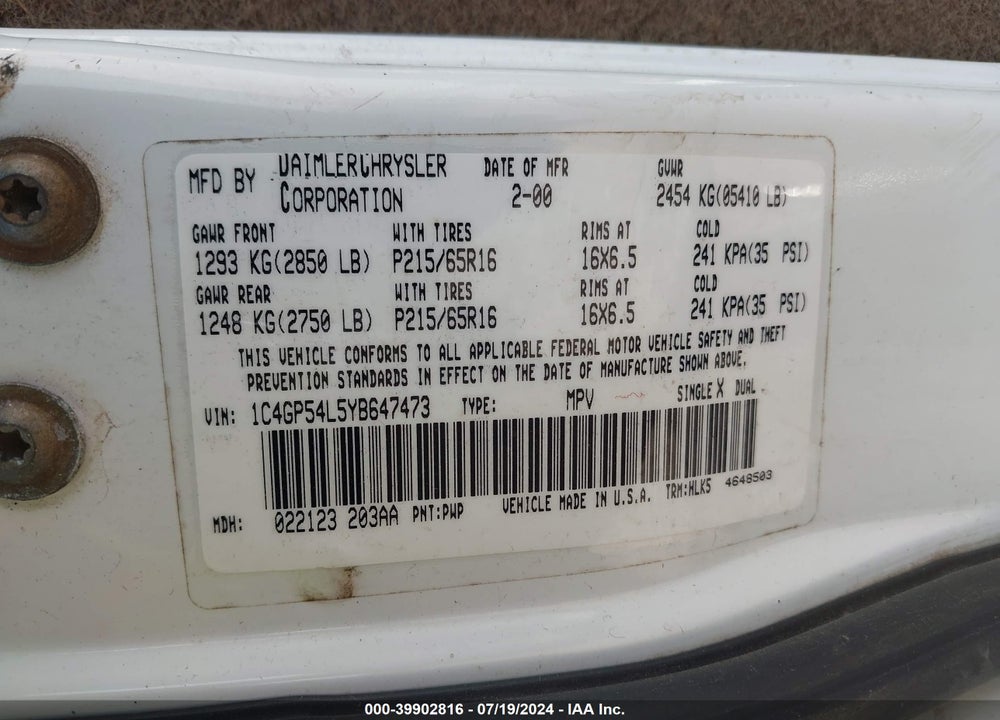 2000 CHRYSLER TOWN & COUNTRY LXI VIN: 1C4GP54L5YB647473