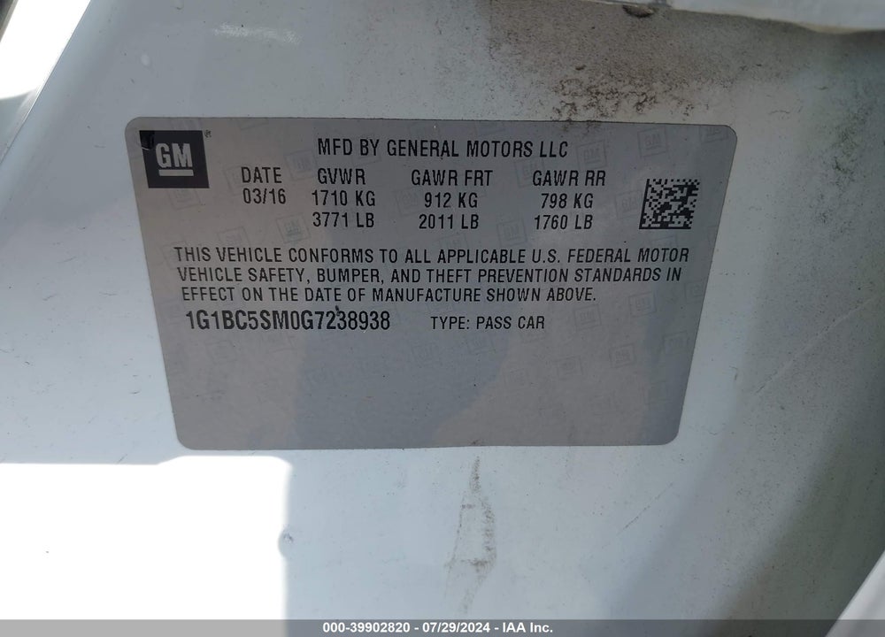 2016 CHEVROLET CRUZE LS AUTO VIN: 1G1BC5SM0G7238938