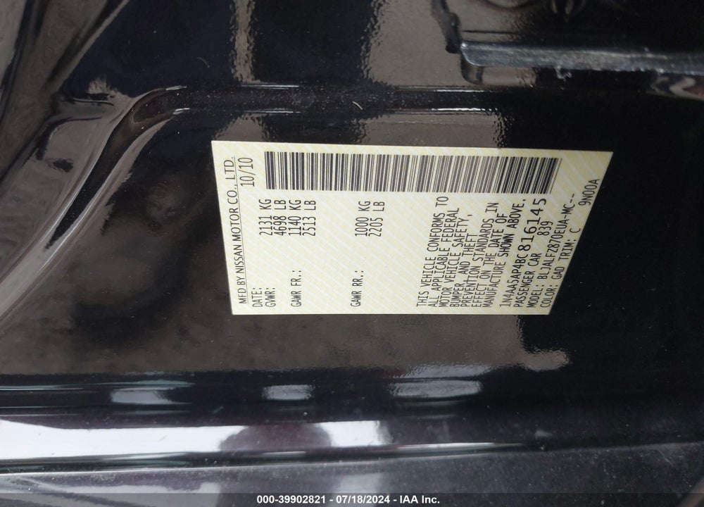 2011 NISSAN MAXIMA 3.5 SV VIN: 1N4AA5AP4BC816145