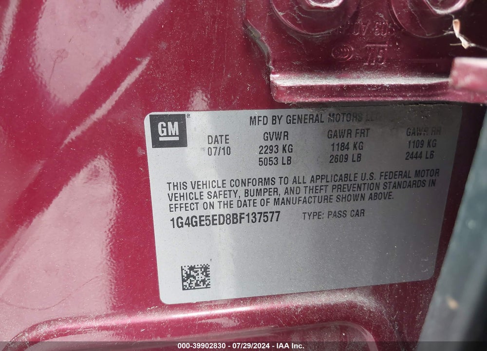 2011 BUICK LACROSSE CXS VIN: 1G4GE5ED8BF137577