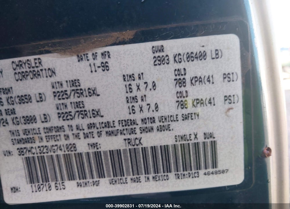 1997 DODGE RAM 1500 ST VIN: 3B7HC13Z3VG741028