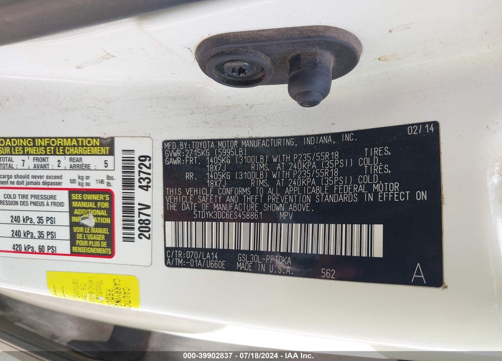 2014 TOYOTA SIENNA LIMITED V6 7 PASSENGER VIN: 5TDYK3DC6ES458861