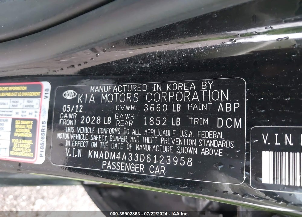 2013 KIA RIO LX VIN: KNADM4A33D6123958