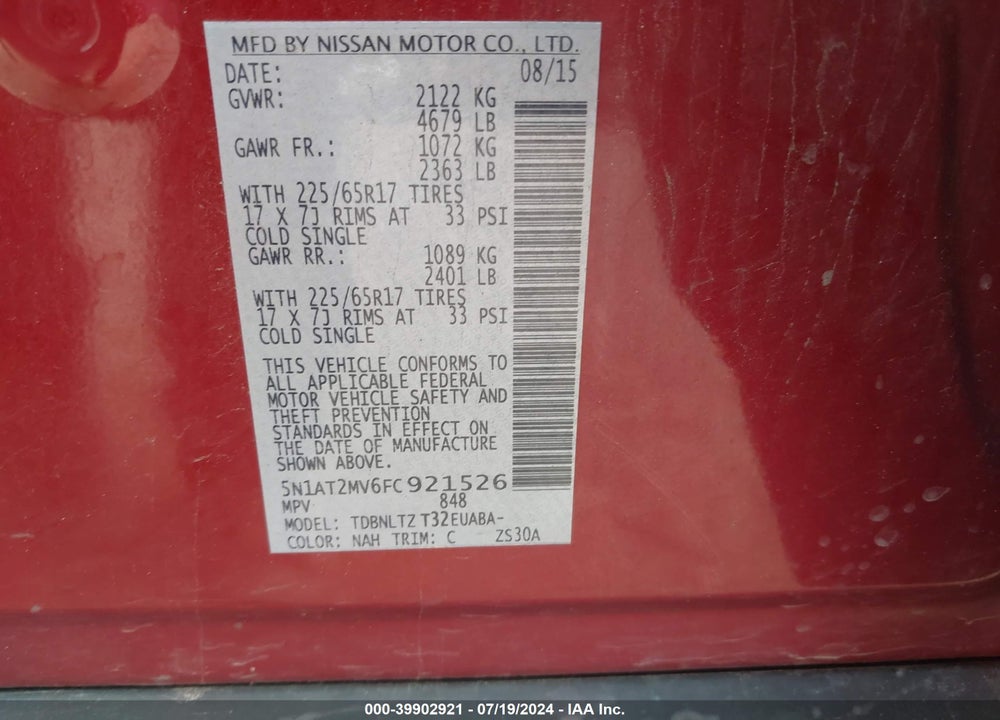 2015 NISSAN ROGUE SV VIN: 5N1AT2MV6FC921526
