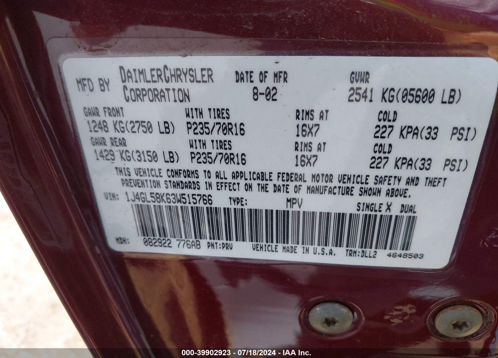 2003 JEEP LIBERTY LIMITED EDITION VIN: 1J4GL58K63W515766