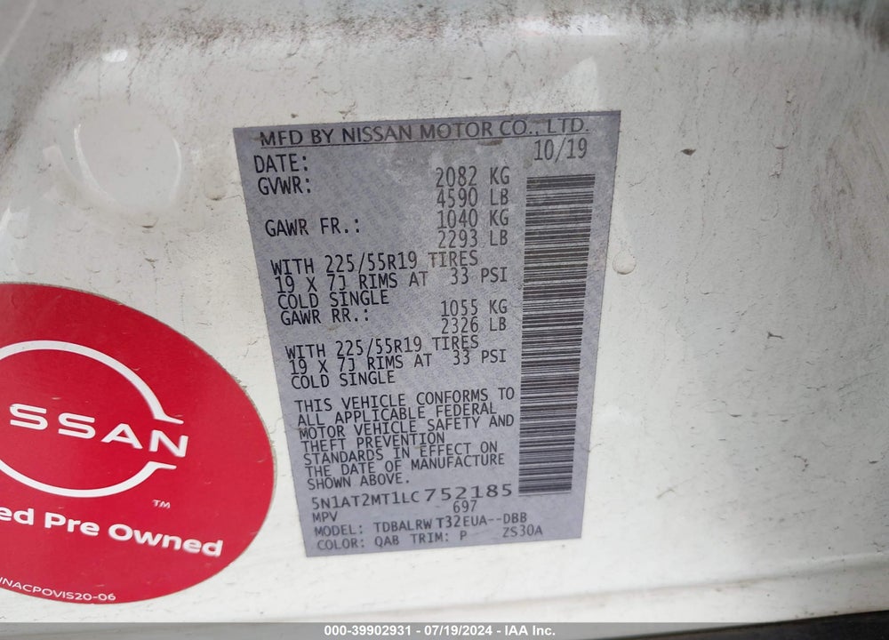 2020 NISSAN ROGUE SL FWD VIN: 5N1AT2MT1LC752185