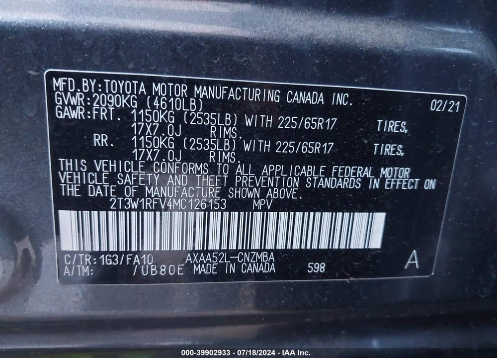 2021 TOYOTA RAV4 XLE VIN: 2T3W1RFV4MC126153