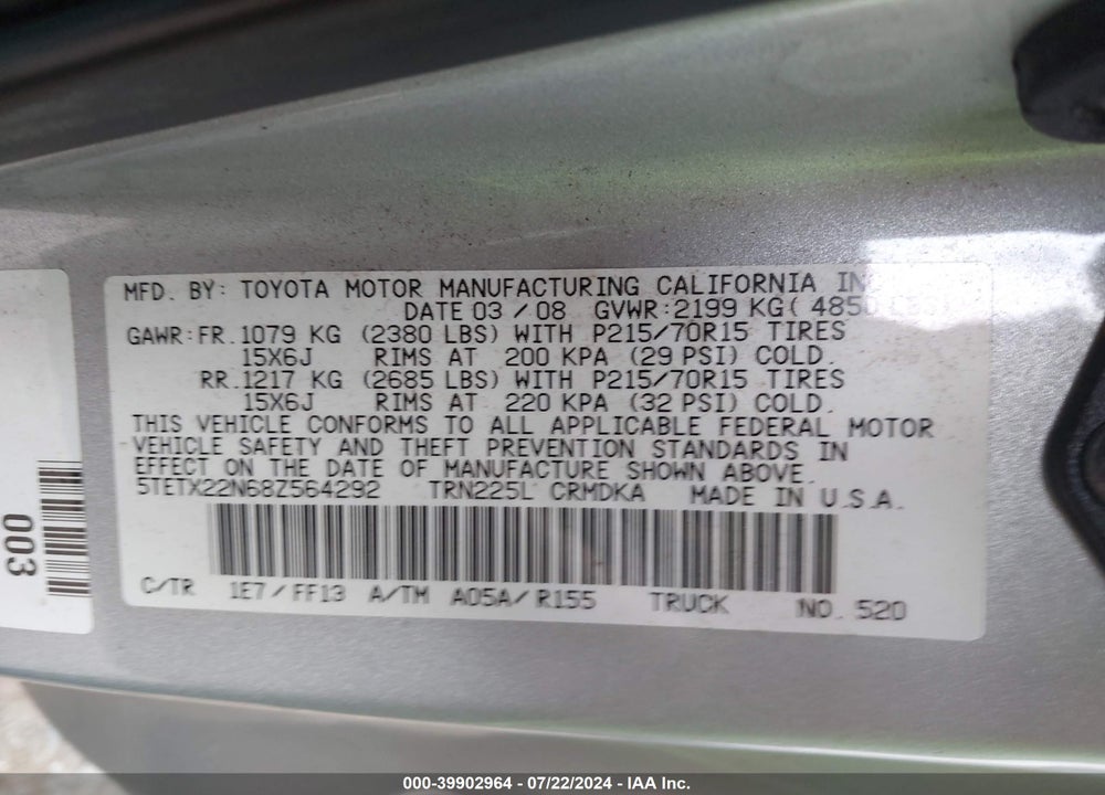 2008 TOYOTA TACOMA VIN: 5TETX22N68Z564292