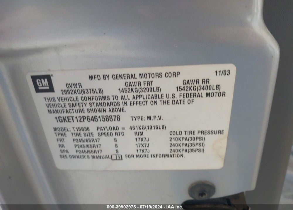 2004 GMC ENVOY XUV SLT VIN: 1GKET12P646158878