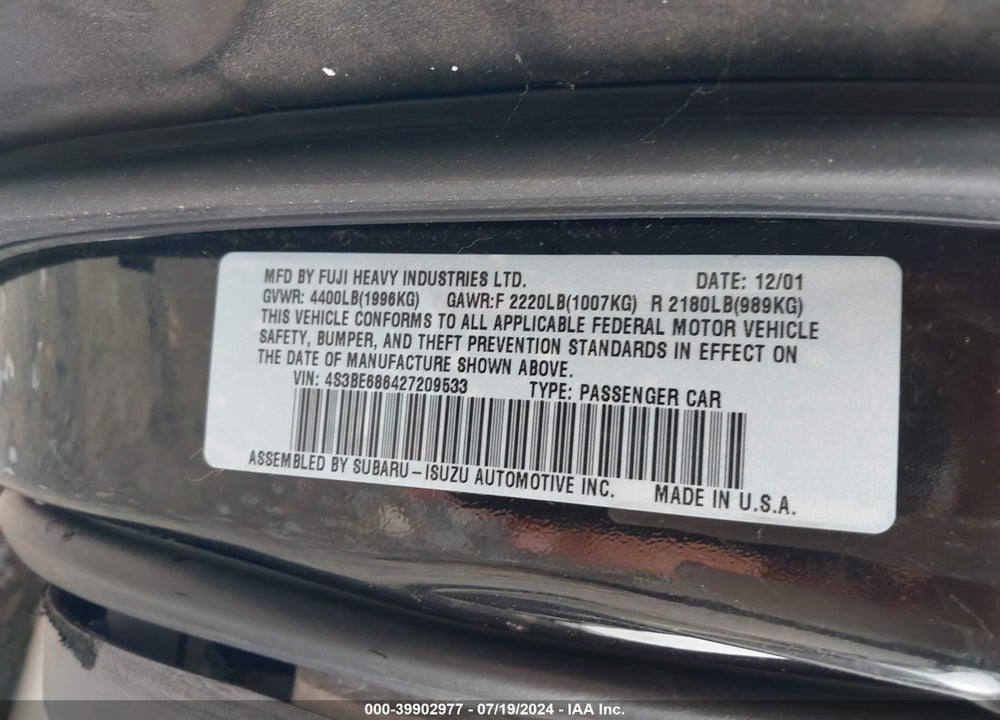 2002 SUBARU OUTBACK LIMITED VIN: 4S3BE686427209533