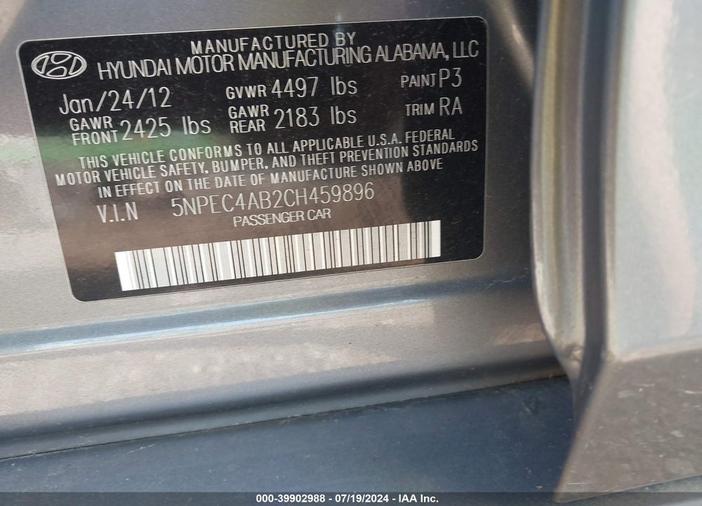 2012 HYUNDAI SONATA LIMITED 2.0T VIN: 5NPEC4AB2CH459896