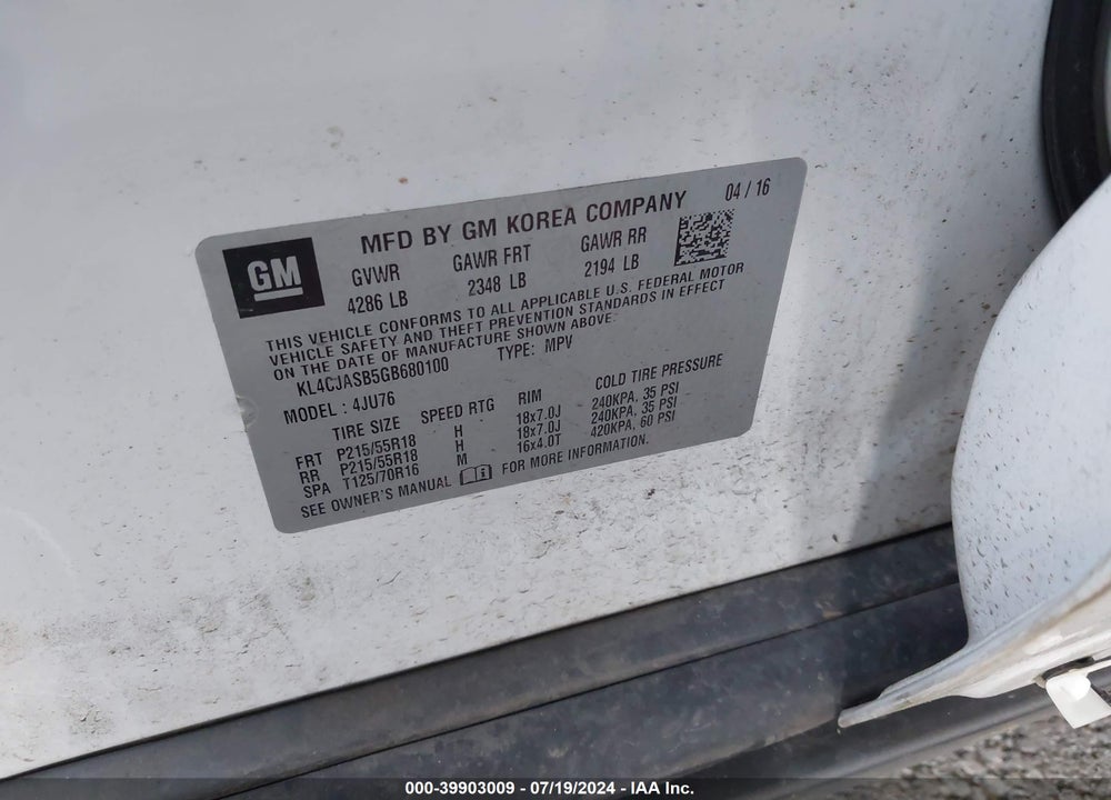 2016 BUICK ENCORE VIN: KL4CJASB5GB680100
