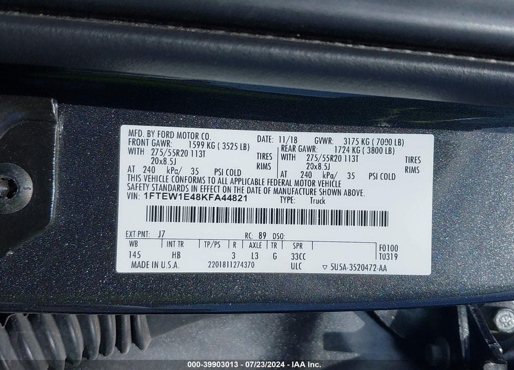 2019 FORD F-150 VIN: 1FTEW1E48KFA44821