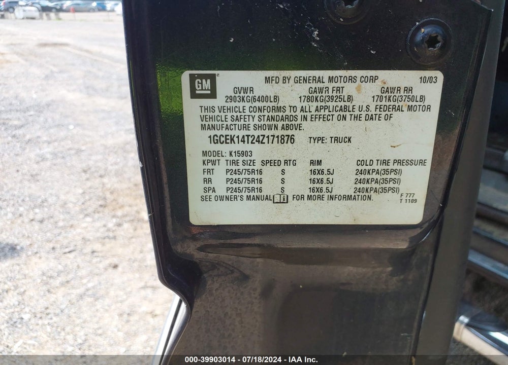 2004 CHEVROLET SILVERADO 1500 WORK TRUCK VIN: 1GCEK14T24Z171876
