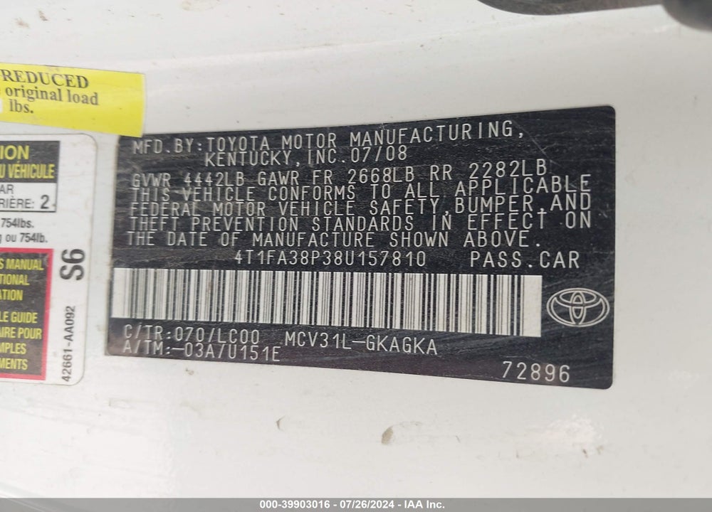 2008 TOYOTA CAMRY SOLARA SLE VIN: 4T1FA38P38U157810