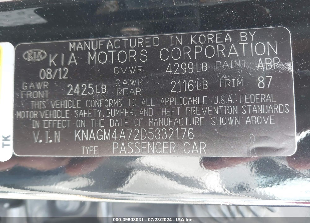 2013 KIA OPTIMA LX VIN: KNAGM4A72D5332176
