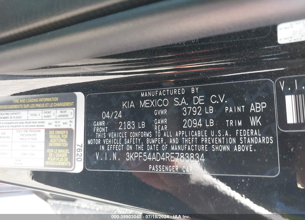 2024 KIA FORTE GT LINE VIN: 3KPF54AD4RE783834