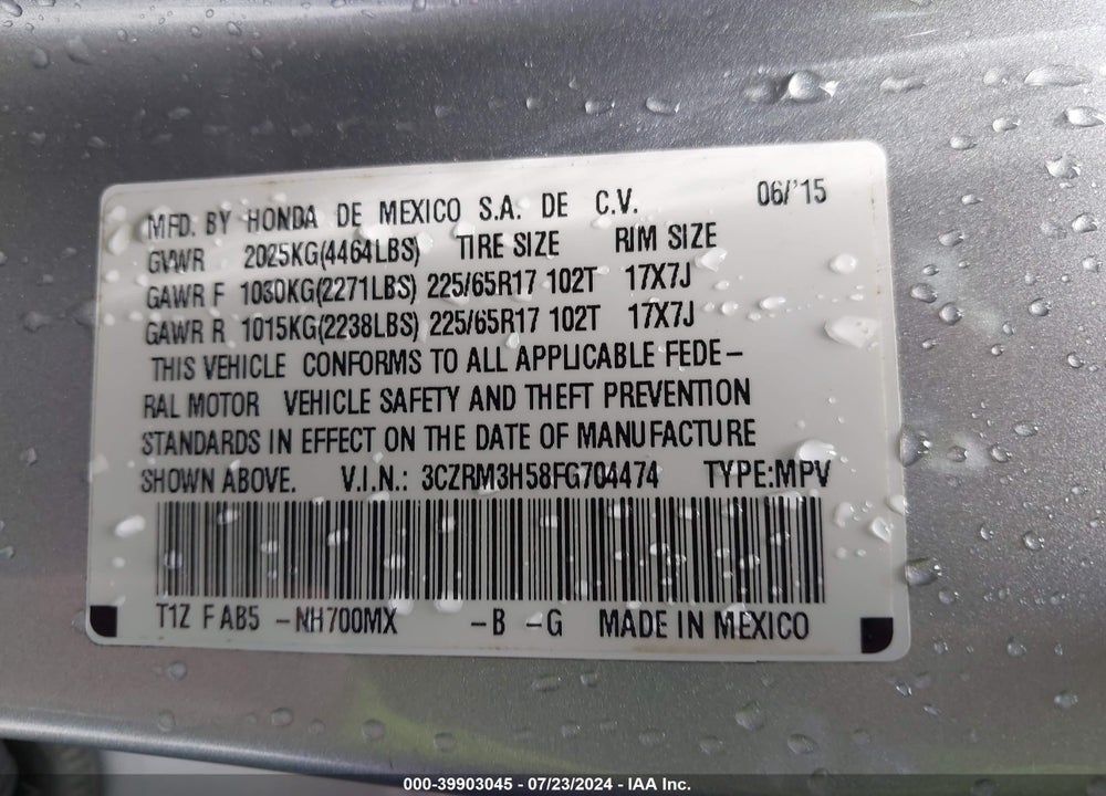 2015 HONDA CR-V EX VIN: 3CZRM3H58FG704474