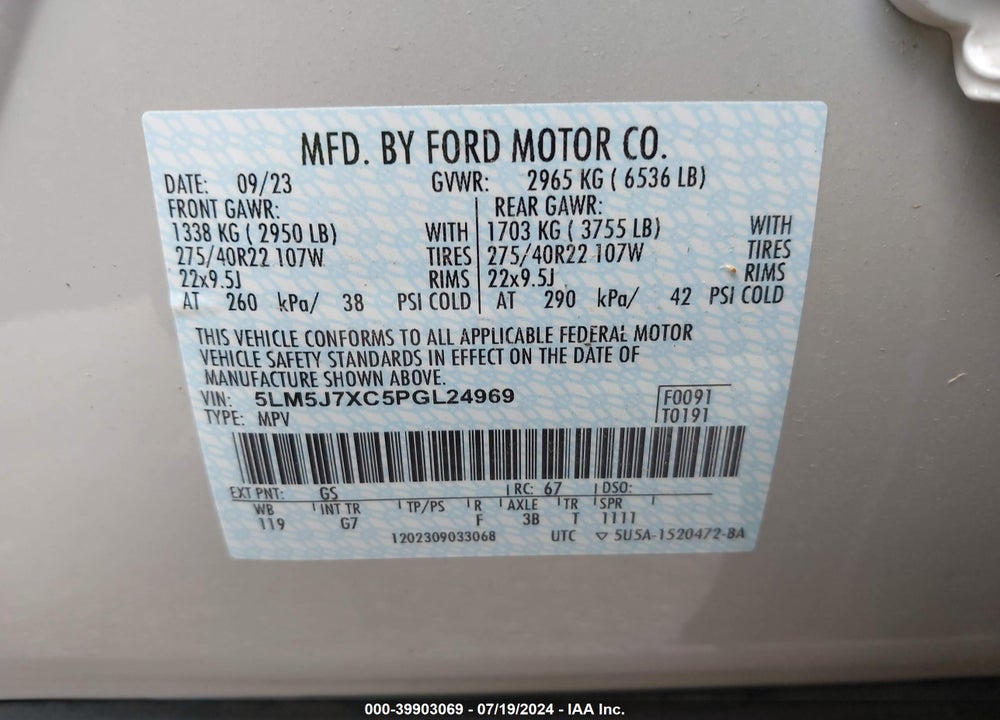 2023 LINCOLN AVIATOR RESERVE VIN: 5LM5J7XC5PGL24969