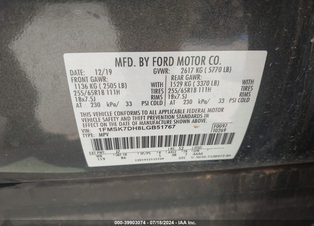 2020 FORD EXPLORER XLT VIN: 1FMSK7DH8LGB51767
