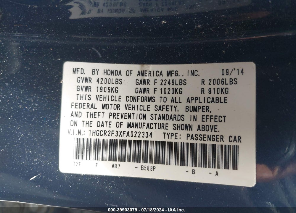 2015 HONDA ACCORD LX VIN: 1HGCR2F3XFA022334