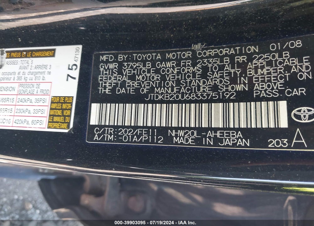2008 TOYOTA PRIUS VIN: JTDKB20U683375192