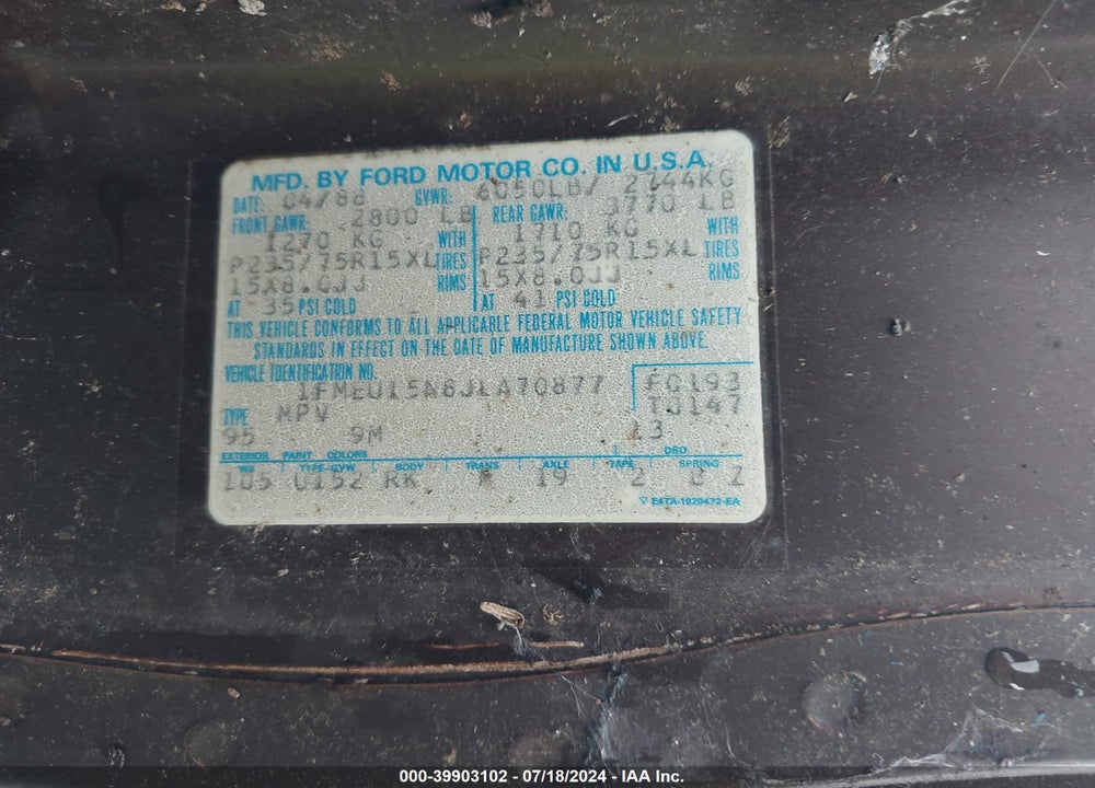 1988 FORD BRONCO U100 VIN: 1FMEU15N8JLA70877