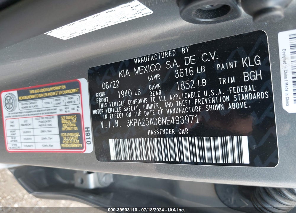 2022 KIA RIO 5-DOOR S VIN: 3KPA25AD6NE493971