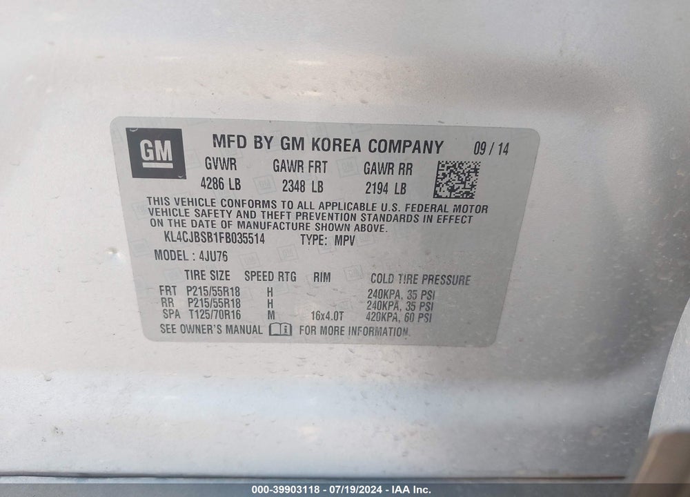 2015 BUICK ENCORE CONVENIENCE VIN: KL4CJBSB1FB035514
