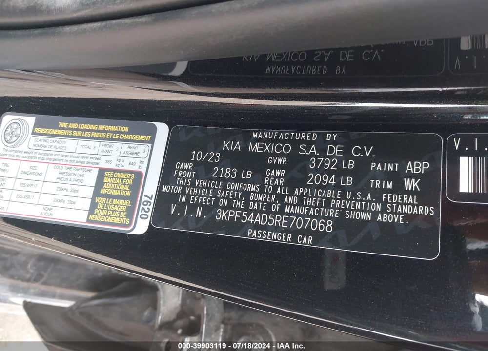 2024 KIA FORTE GT LINE VIN: 3KPF54AD5RE707068