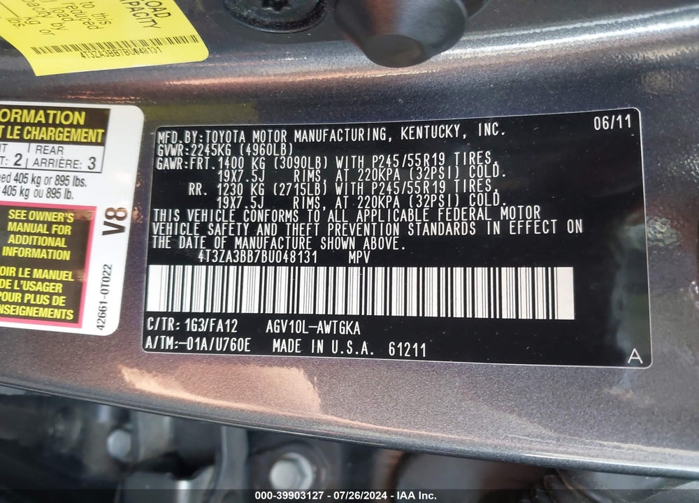 2011 TOYOTA VENZA VIN: 4T3ZA3BB7BU048131