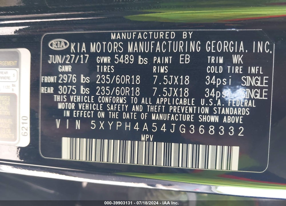 2018 KIA SORENTO 3.3L EX VIN: 5XYPH4A54JG368332